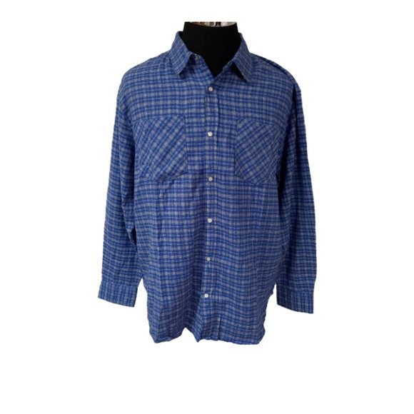 Vtg Haband Casual Joe Mens Large Blue Plaid Pearl Snap Long Sleeve Flannel Shirt - Picture 1 of 11